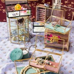 Bijouxdoos - 2- vaks - goud/roze - 18x9,5x7 cm