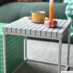 Bijzettafel checks met metalen frame - wit - 36x36x36 cm