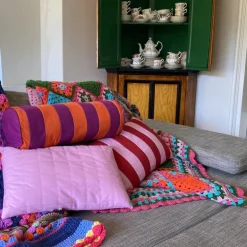 Bolster kussen met strepen - paars/oranje - ø18x45 cm