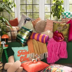 Bolster kussen met strepen - paars/oranje - ø18x45 cm