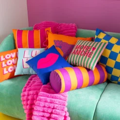 Bolster kussen met strepen - paars/oranje - ø18x45 cm