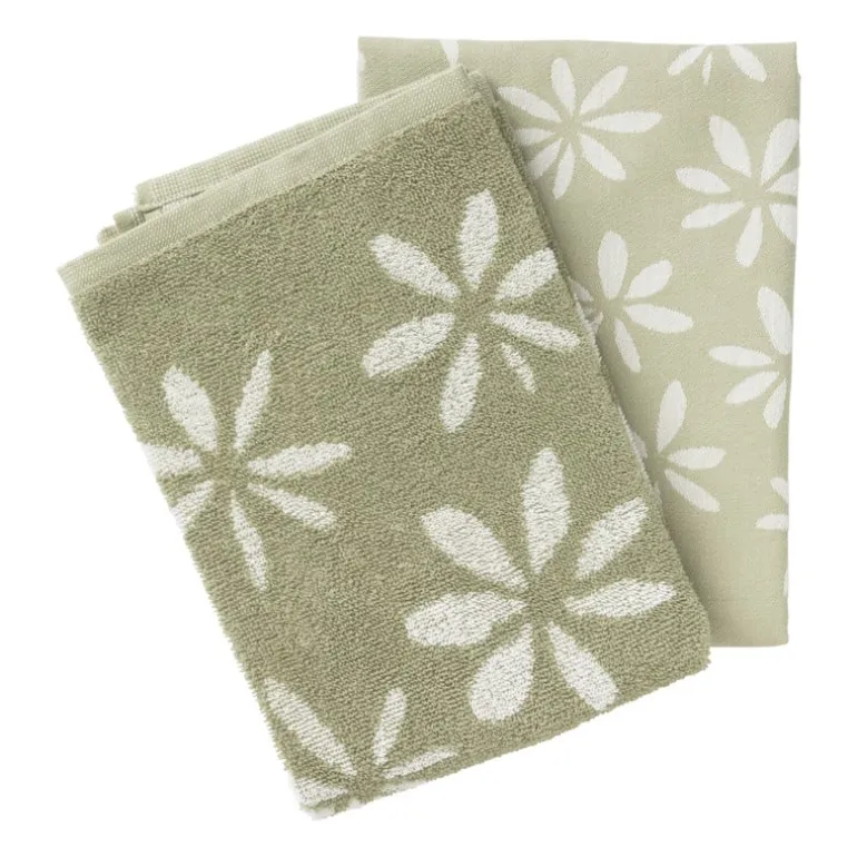 Handdoek bloemen - groen/wit - 50x50 cm