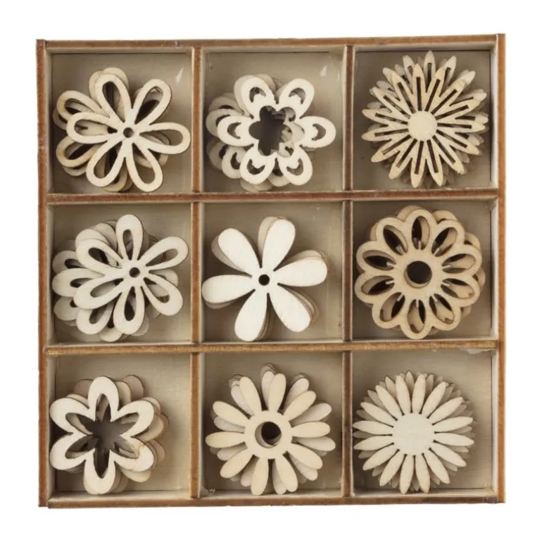 Houten bloemen in kistje - 10.5x10.5x2 cm