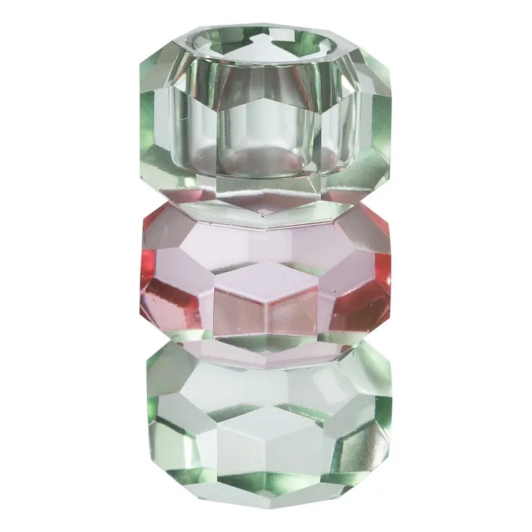 Kandelaar kristal 3-laags - groen/roze - 4x4x7 cm