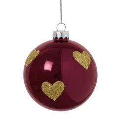 Kerstbal met gouden hartjes - paars/goud