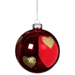Kerstbal met gouden hartjes - rood/goud