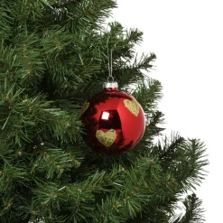 Kerstbal met gouden hartjes - rood/goud