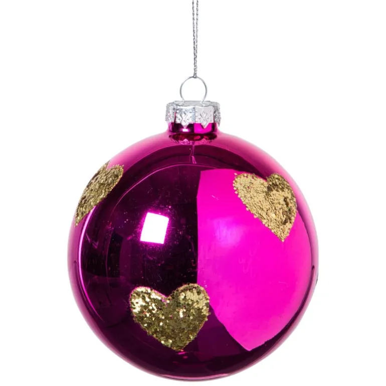 Kerstbal met gouden hartjes - roze/goud