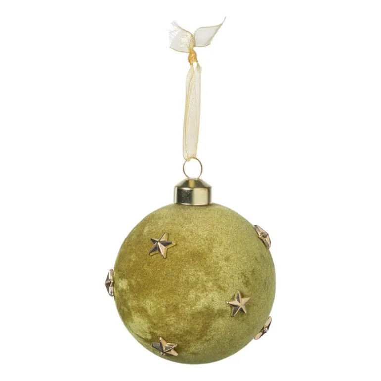 Kerstbal velvet met sterren - groen/goudkleurig