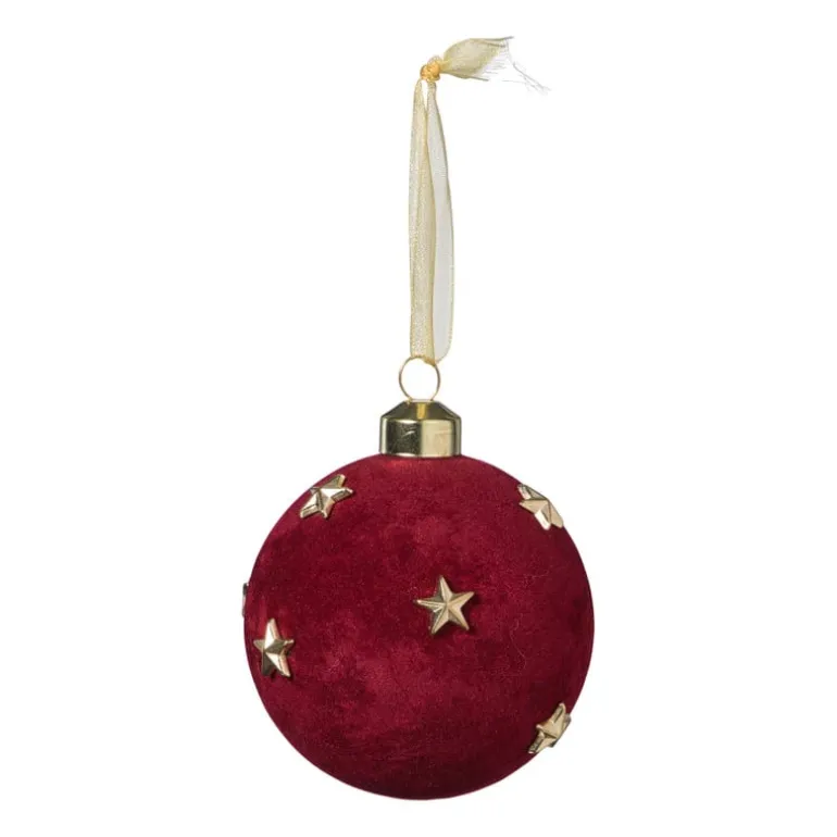 Kerstbal velvet met sterren - rood/goudkleurig