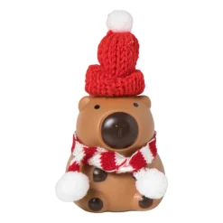 Kerstbeeldje capibara met LED - rood/bruin - 10 cm