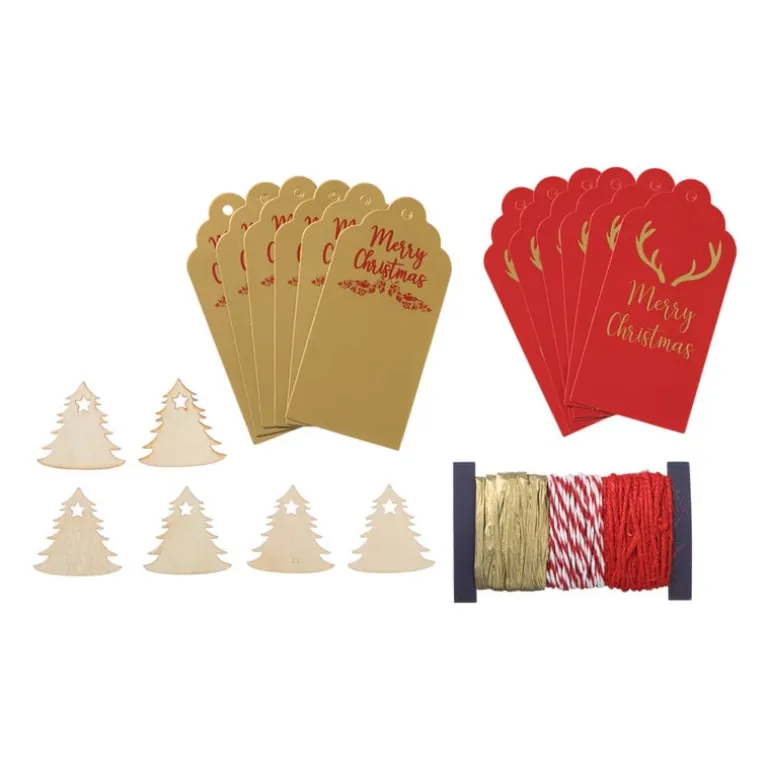 Kerstcadeau tags met lint - rood/goud - set van 18