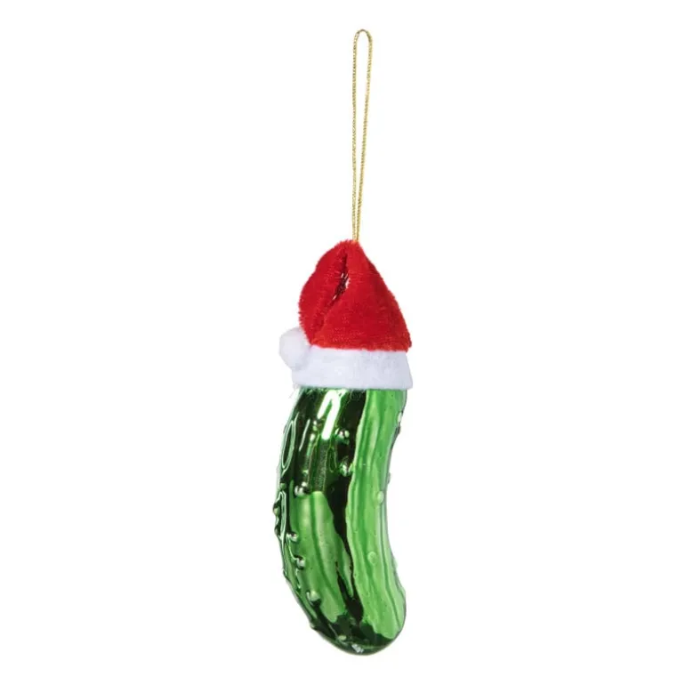 Kersthanger augurk met kerstmuts - groen - 11x3.5x3.2 cm