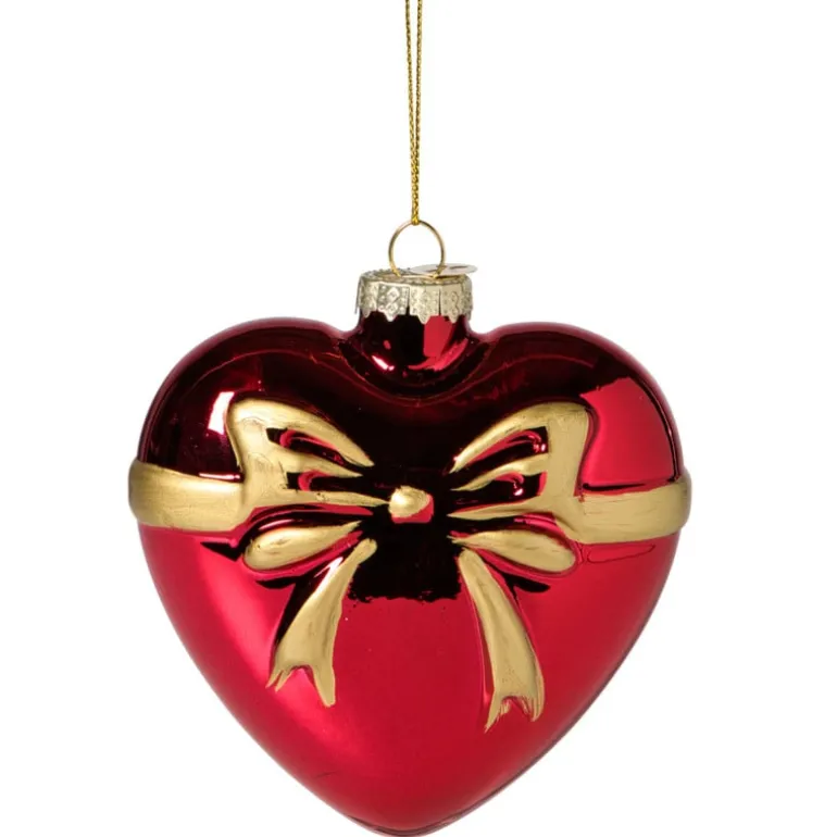 Kersthanger hart met strik - bordeaux rood - 10.5x10x4.5 cm