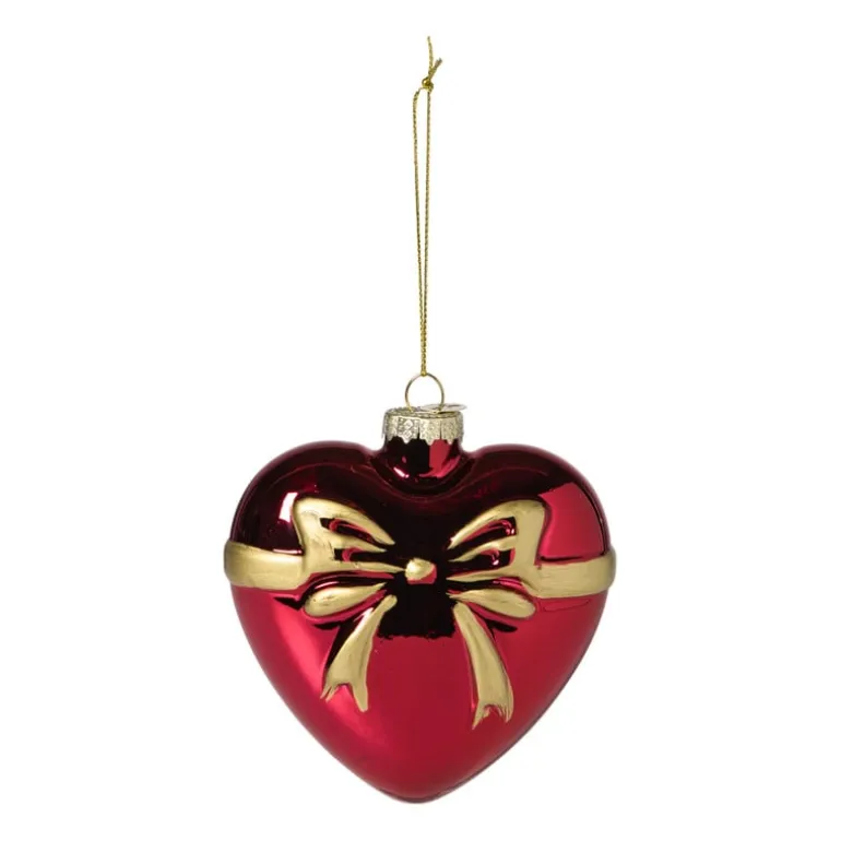 Kersthanger hart met strik - bordeaux rood - 10.5x10x4.5 cm