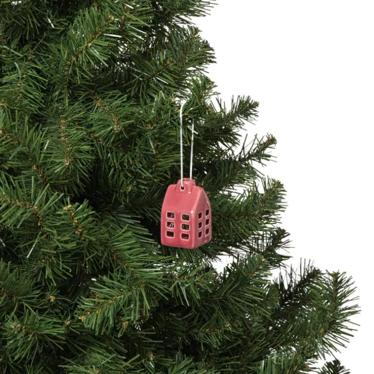Kersthanger huisje keramiek - rood - 5.5x3.5x3.5 cm