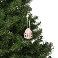 Kersthanger huisje keramiek - roze - 5.5x3.5x3.5 cm