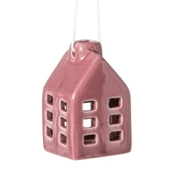Kersthanger huisje keramiek - donkerpaars - 5.5x3.5x3.5 cm