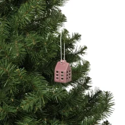 Kersthanger huisje keramiek - donkerpaars - 5.5x3.5x3.5 cm