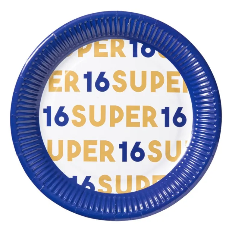 Papieren bordjes 16 jaar - blauw - set van 8