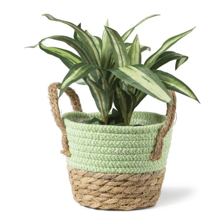Rieten mand met hengsel - groen - ø15x16.5 cm