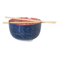 Schaaltje met eetstokjes Amber - blauw/rood - ø15x9 cm