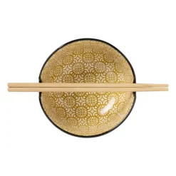 Schaaltje met eetstokjes - geel/zwart - ø14.7x9 cm