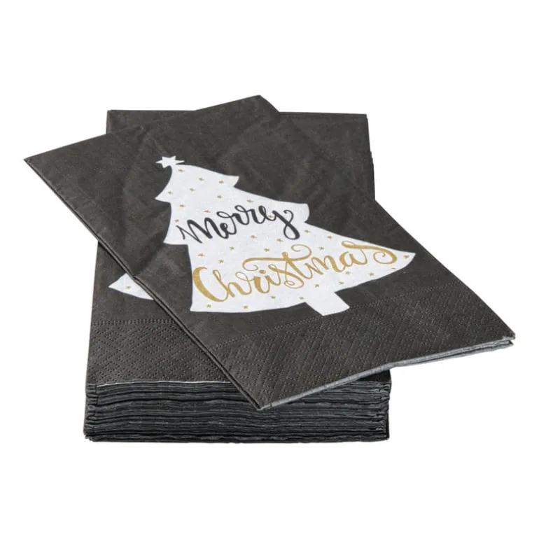 Servet merry christmas vouw - zwart - 33x33 cm