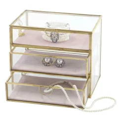 Sieradendoos met 3 lades - goud/roze - 18x12x15 cm