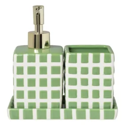 Tandenborstel beker blokjes - groen/wit - 8.8x7x7 cm