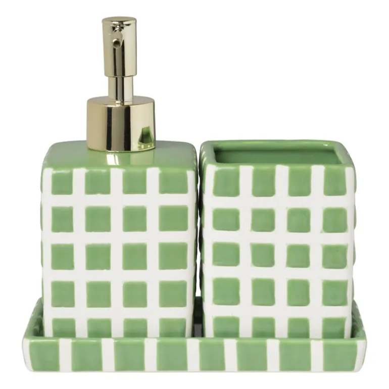 Tandenborstel beker blokjes - groen/wit - 8.8x7x7 cm