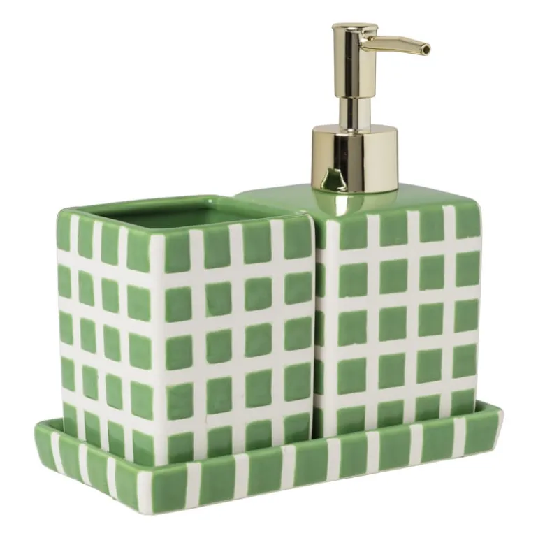 Tandenborstel beker blokjes - groen/wit - 8.8x7x7 cm