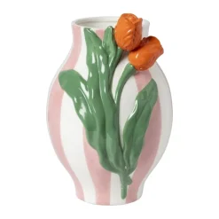 Vaas gestreept met tulp - roze/groen/oranje - ø16.6x24 cm