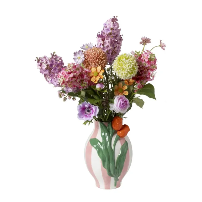 Vaas gestreept met tulp - roze/groen/oranje - ø16.6x24 cm