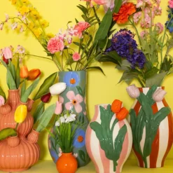 Vaas gestreept met tulp - roze/groen/oranje - ø16.6x24 cm