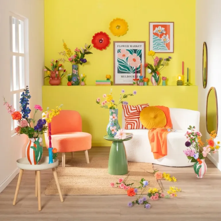 Vaas gestreept met tulp - roze/groen/oranje - ø16.6x24 cm