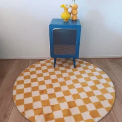 Vloerkleed checks - geel/wit - ø120 cm