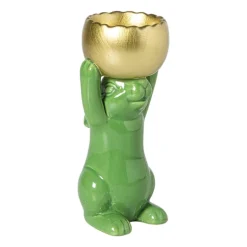 Waxinelichthouder haas - groen/goudkleurig - 8.5x13x6.5 cm