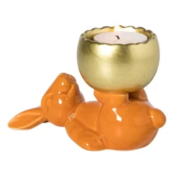 Waxinelichthouder haas - oranje/goudkleurig - 8.5x13x6.5 cm