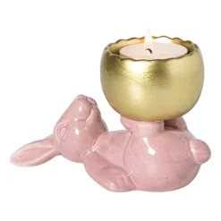 Waxinelichthouder haas - roze/goudkleurig - 8.5x13x6.5 cm