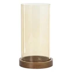 Windlicht glas en hout groot - beige/bruin - ø12x25 cm